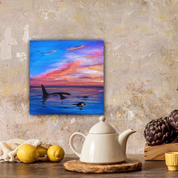 sunset on Alaska ocean & whales Original acrylic painting signed by the artist - Picture 7 of 7